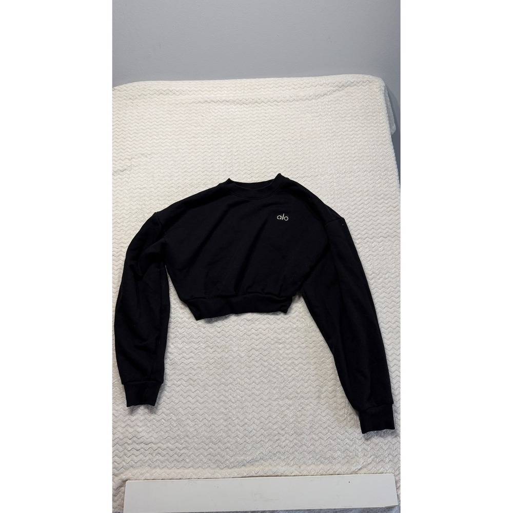 Alo Yoga Accolade Womens Black Cropped Drop Shoulder Logo Sweatshirt Size S